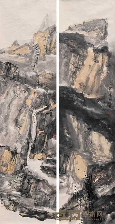 白联晟 2005年作 山水(二帧) 镜心 135×34cm×2
